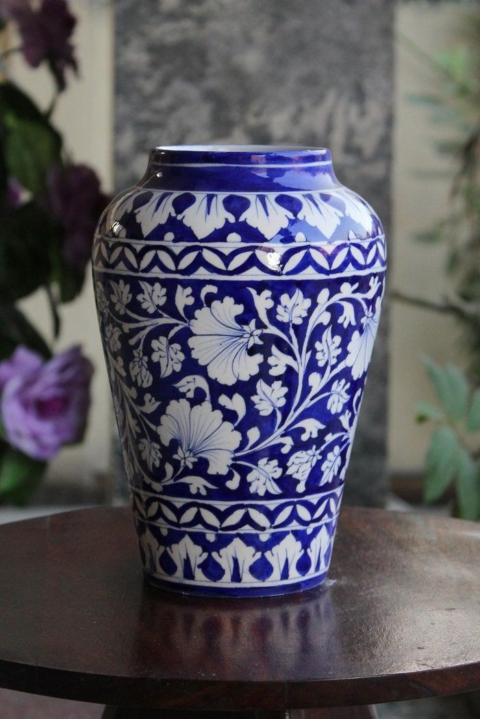 Jaipur Blue Pottery Hand-Painted Floral Vase