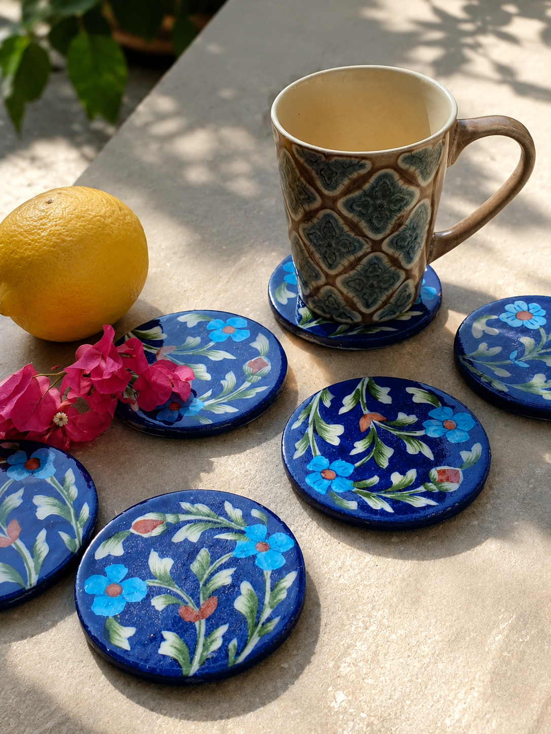 Blue Pottery Hand-Painted Coasters (Set of 6)