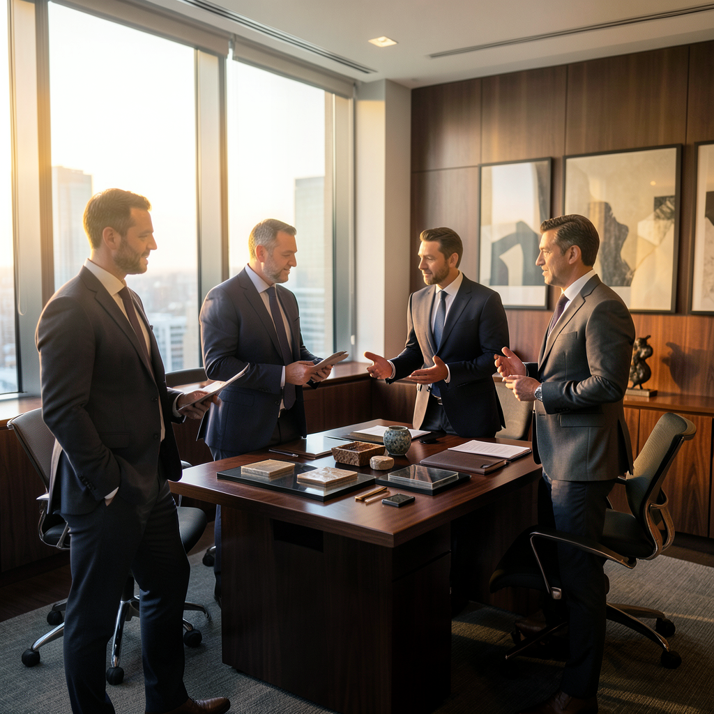 INTERNATIONAL PROCUREMENT TEAM REVIEWING LUXURY HOME DECOR COLLECTIONS
